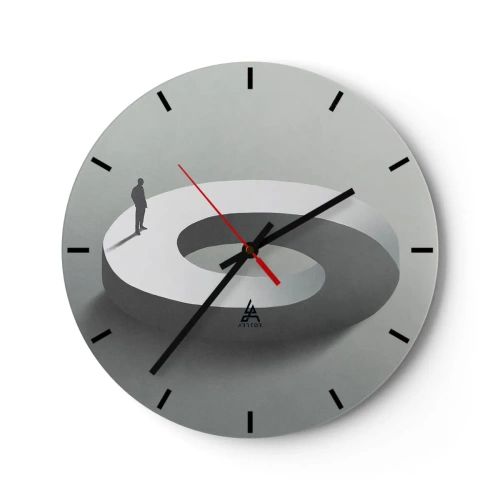 Wall clock - Clock on glass - A black silhouette of a man standing on a white spiral track. - 30x30cm - Puzzle It out - Modern wall decoration for the living room, kitchen, and bedroom ARTTOR