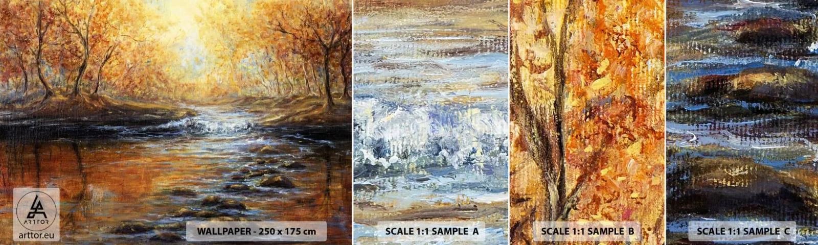 Photo Wallpaper Sample Standard Eco - Golden Brook - Landscape, Mountain stream, Forest - 100x30 cm