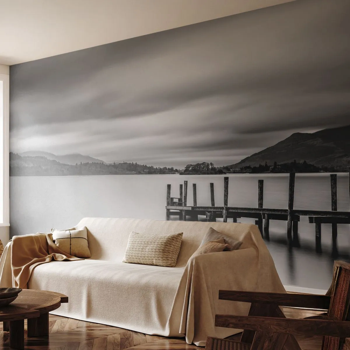 Photo Wallpaper Standard Eco - Tranquility and Power - Landscape, Lake, Wooden Bridge - 150x105 cm