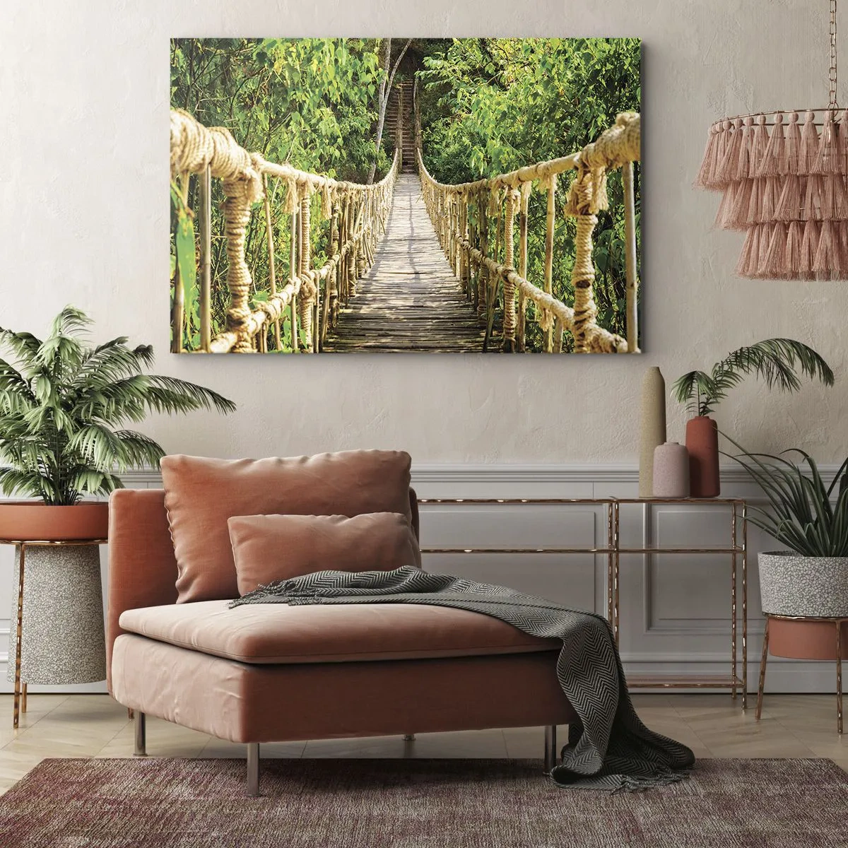 Canvas picture - A hanging bridge in a tropical forest full of greenery - 70x50cm - Suspended in Green - Modern wall decoration for the living room and bedroom ARTTOR