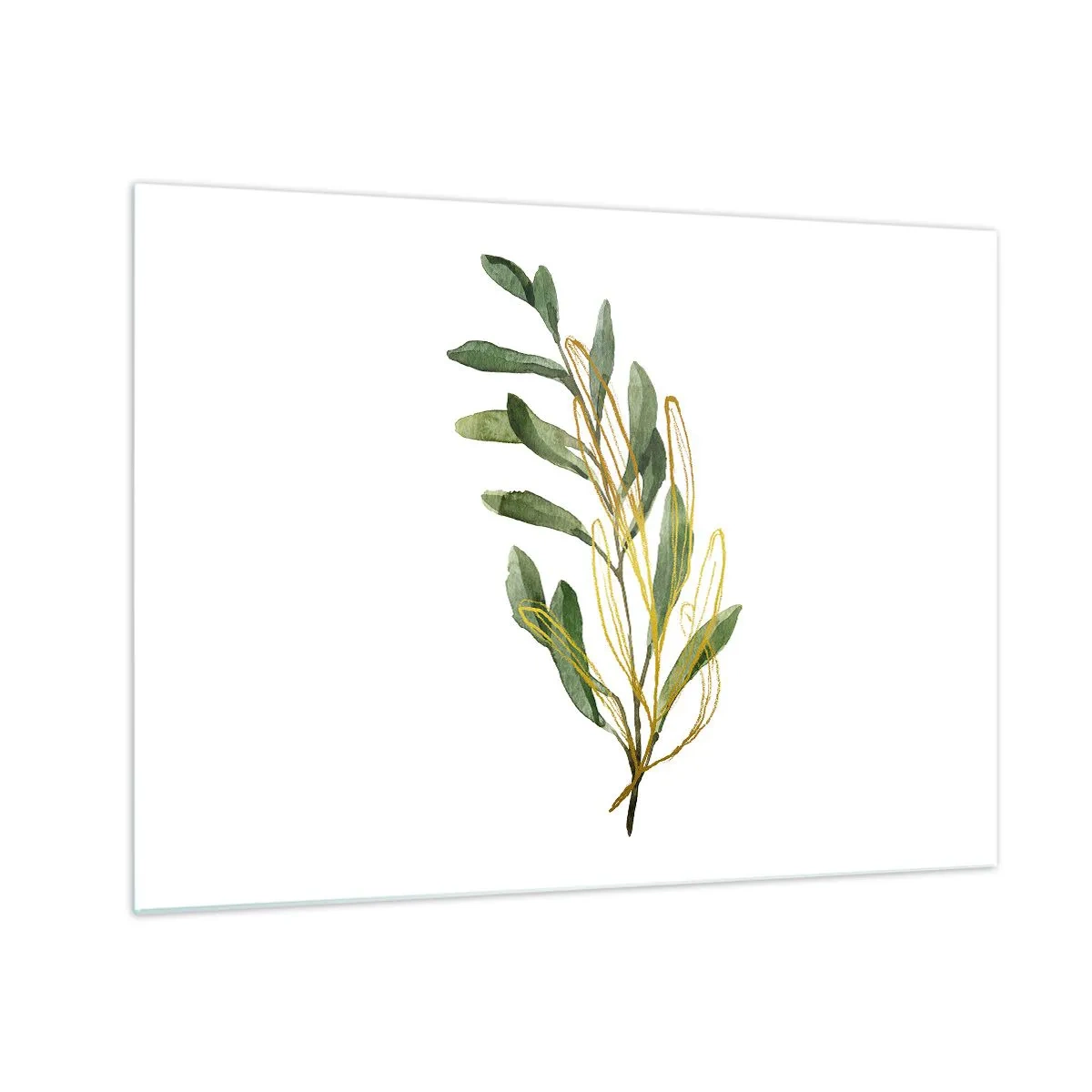 Glass picture - A green branch with a delicate gold accent - 70x50cm - All that Is Good - Modern wall decoration for the living room and bedroom ARTTOR