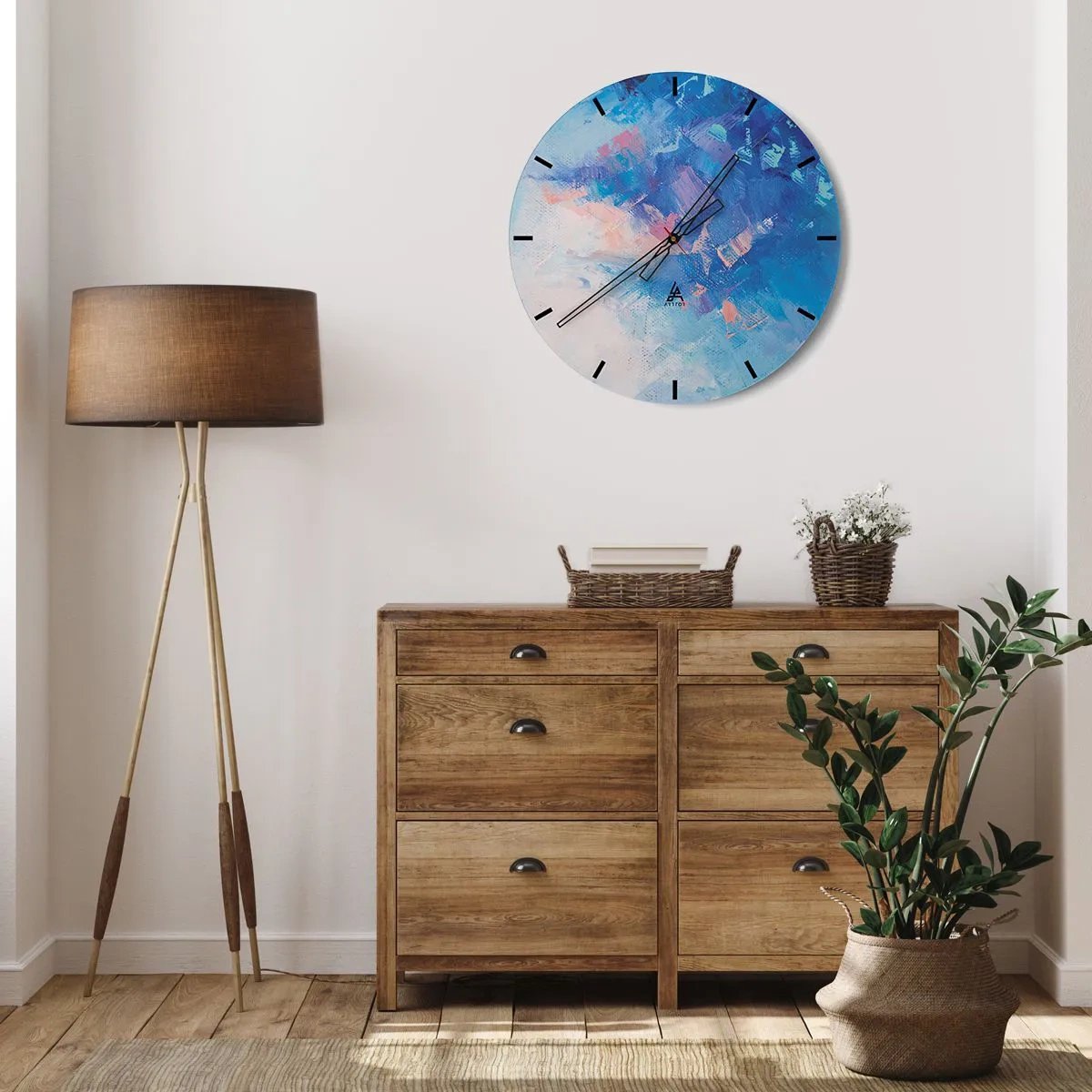 Wall clock - Clock on glass - Abstract composition in shades of blue and pink - 30x30cm - Winter Abstract - Modern wall decoration for the living room, kitchen, and bedroom ARTTOR