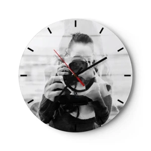 Wall clock - Clock on glass - Woman with a camera in an artistic double exposure - 30x30cm - Creator and the Creation - Modern wall decoration for the living room, kitchen, and bedroom ARTTOR