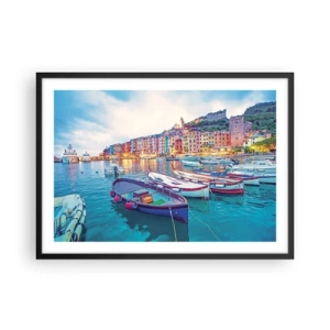 Poster in black frame - Colourful Evening in a Port - 70x50 cm