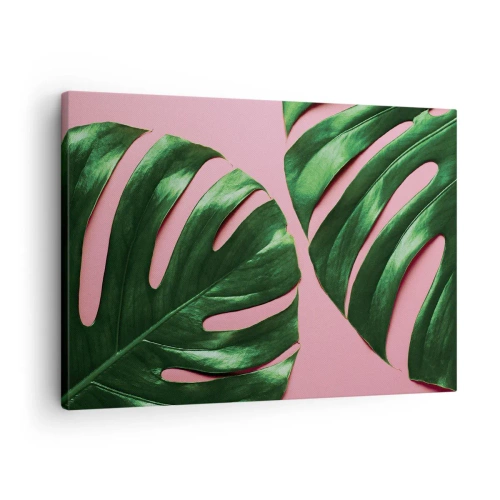Canvas picture - Green monstera leaves on a pink background - 70x50cm - Green Rendezvous - Modern wall decoration for the living room and bedroom ARTTOR