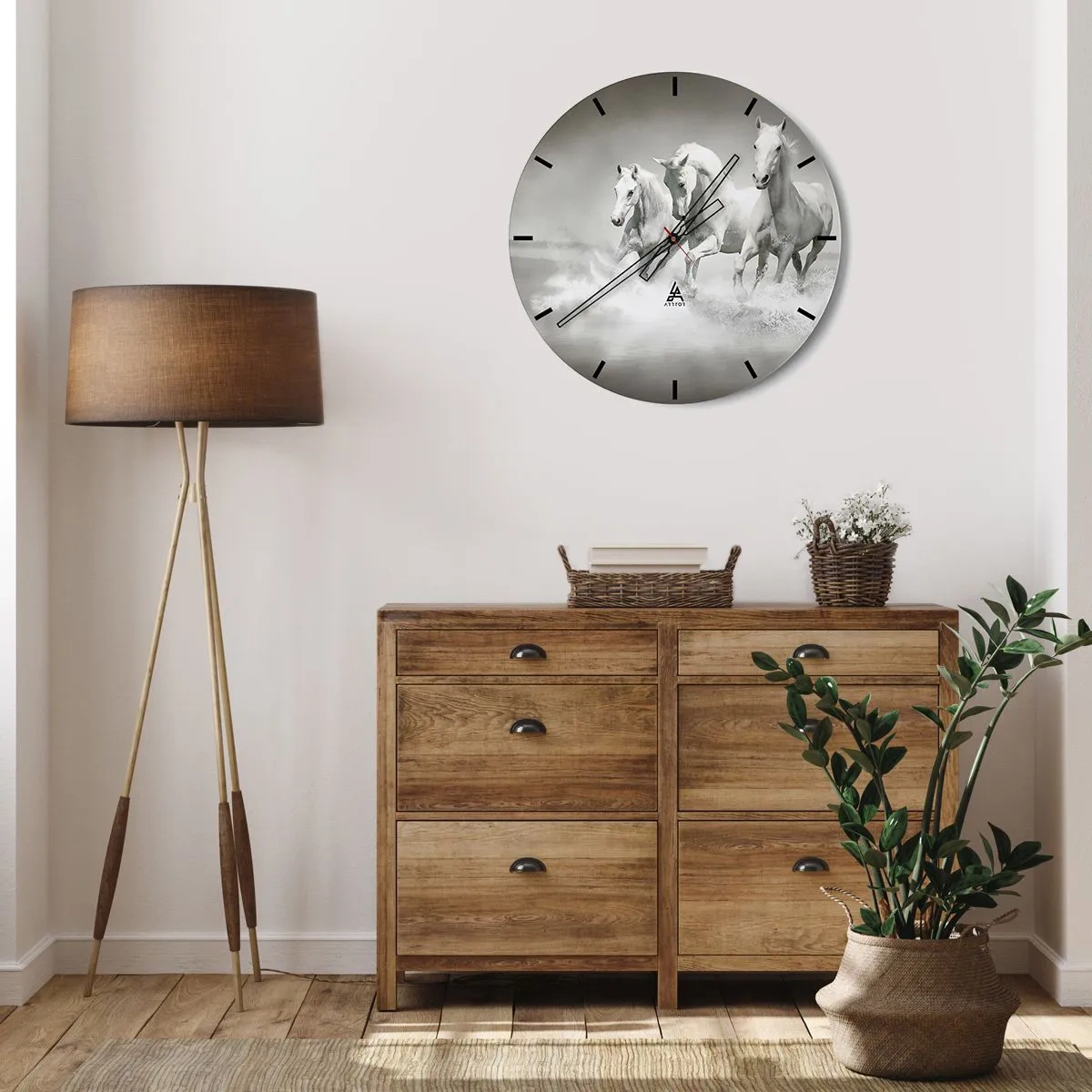 Wall clock - Clock on glass - Three white horses galloping through the water in a dynamic setting - 30x30cm - White Madness - Modern wall decoration for the living room, kitchen, and bedroom ARTTOR