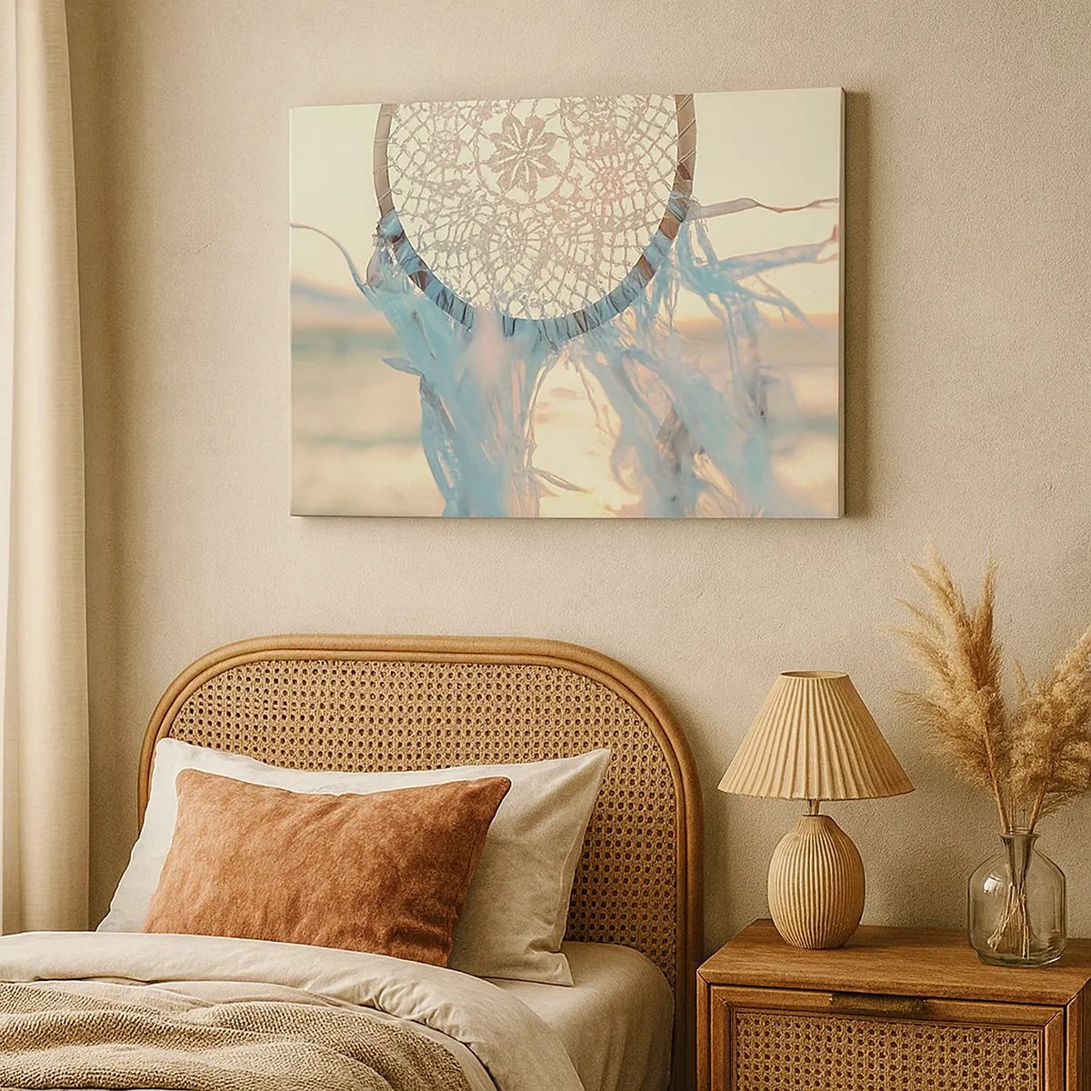 Canvas picture - A delicate dream catcher against the backdrop of the setting sun - 70x50cm - Lace Totem - Modern wall decoration for the living room and bedroom ARTTOR