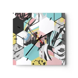 Wall clock - Clock on glass - Hexagons and Cubes in Six Colours - 40x40 cm