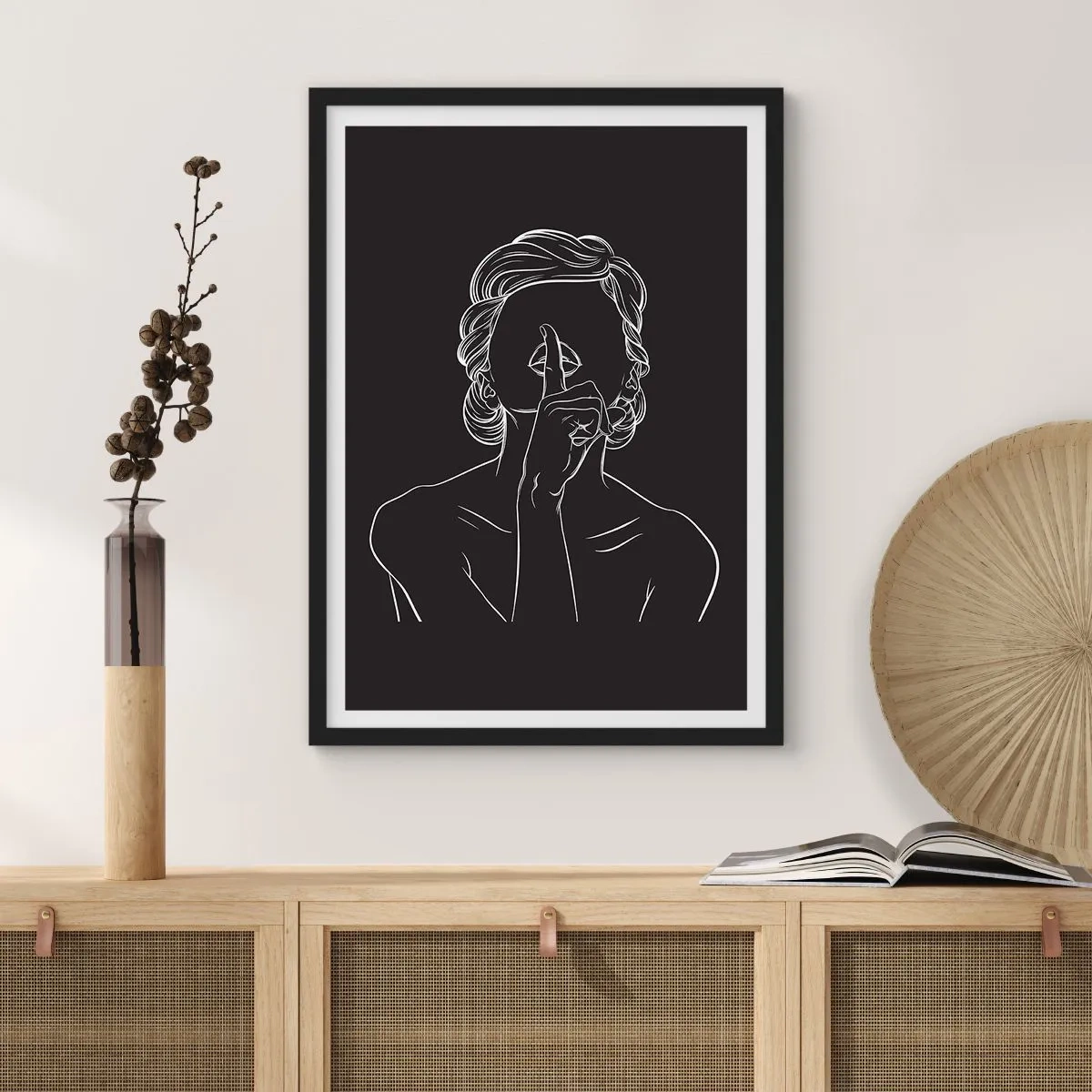 Poster in black frame - A minimalist illustration of a woman making a silence gesture against a black background. - 50x70cm - Beauty Blossoms in Soul - Modern wall decoration for the living room and bedroom ARTTOR