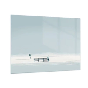 Glass picture - A figure at a bench in a minimalist landscape - 70x50cm - Yes, I Am Waiting - Modern wall decoration for the living room and bedroom ARTTOR