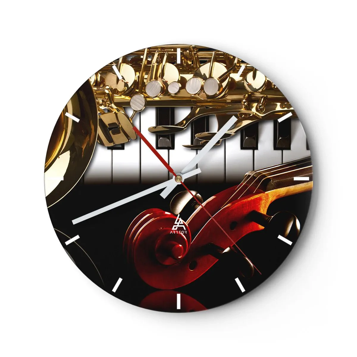 Wall clock - Clock on glass - A composition of musical instruments against the background of a keyboard - 30x30cm - Tin, Wood and Ivory - Modern wall decoration for the living room, kitchen, and bedroom ARTTOR