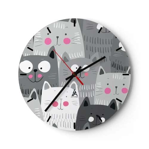 Wall clock - Clock on glass - Gray and white cats in an illustrative style - 30x30cm - Cat's World - Modern wall decoration for the living room, kitchen, and bedroom ARTTOR