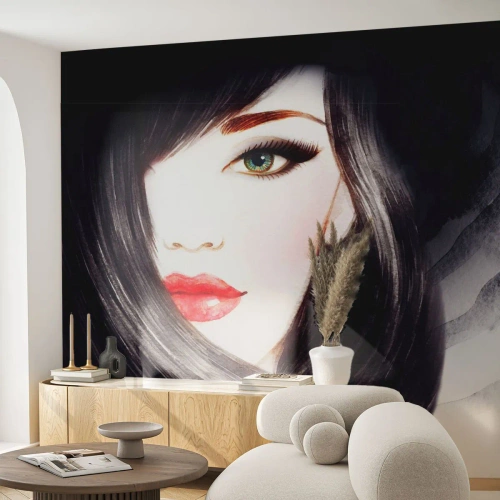 Self-Adhesive Photo Wallpaper Deluxe Sticker - Sapphire Look - Woman's Face, Red lips, Green eyes - 250x175 cm