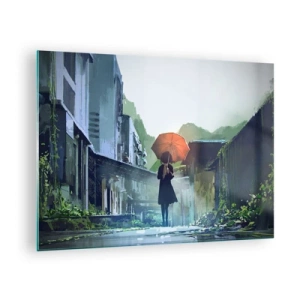 Glass picture - figure with an orange umbrella on a rainy street - 70x50cm - Refreshing Rain - Modern wall decoration for the living room and bedroom ARTTOR