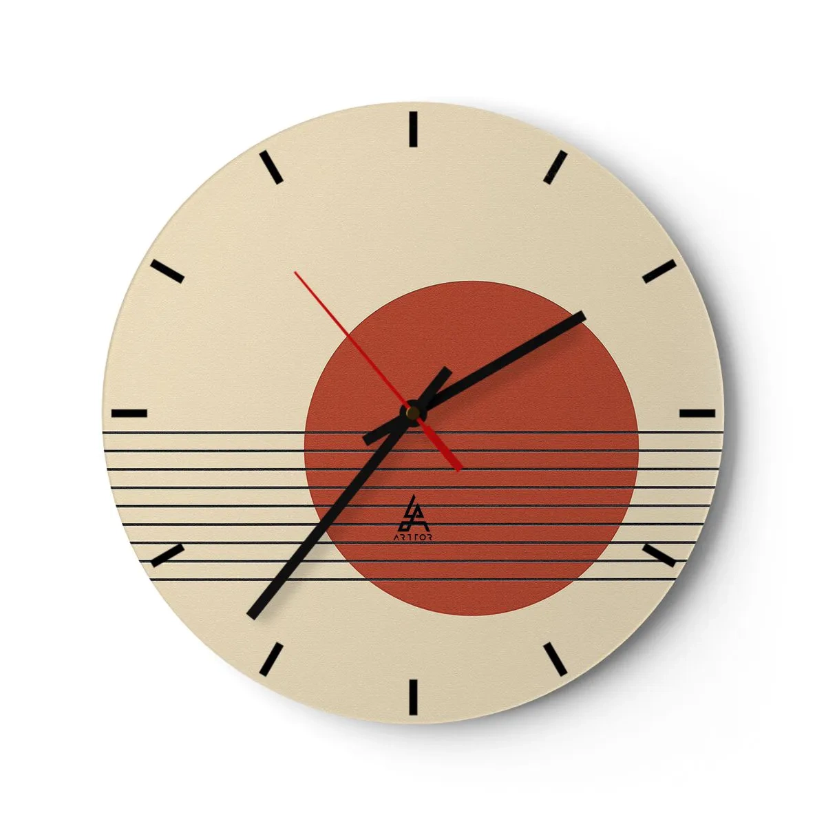 Wall clock - Clock on glass - Geometric motif with an orange circle and black lines - 30x30cm - Around and Beoynd - Modern wall decoration for the living room, kitchen, and bedroom ARTTOR