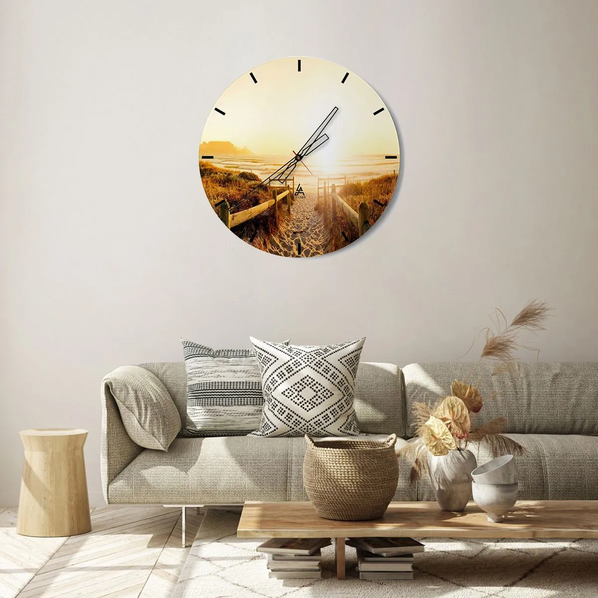 Wall clock - Clock on glass - Sandy path through the dunes leading to the beach at sunset - 30x30cm - Through the Dune, Towards the Sun - Modern wall decoration for the living room, kitchen, and bedroom ARTTOR