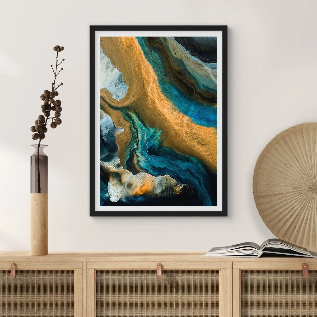 Poster in black frame - Blue -Yellow - Mutal Influences - 70x100 cm