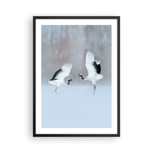 Poster in black frame - Dancing cranes against the backdrop of a winter landscape - 50x70cm - Dance in the Fog - Modern wall decoration for the living room and bedroom ARTTOR