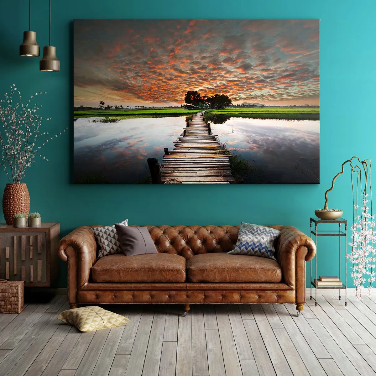 Canvas picture - Wooden bridge over the water at sunset - 70x50cm - Spread Your Arms and Breathe - Modern wall decoration for the living room and bedroom ARTTOR