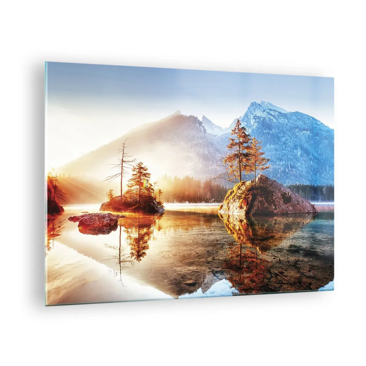 Glass picture - Mountain landscape in the morning with trees and reflection in the lake - 70x50cm - Nature in New Light - Modern wall decoration for the living room and bedroom ARTTOR