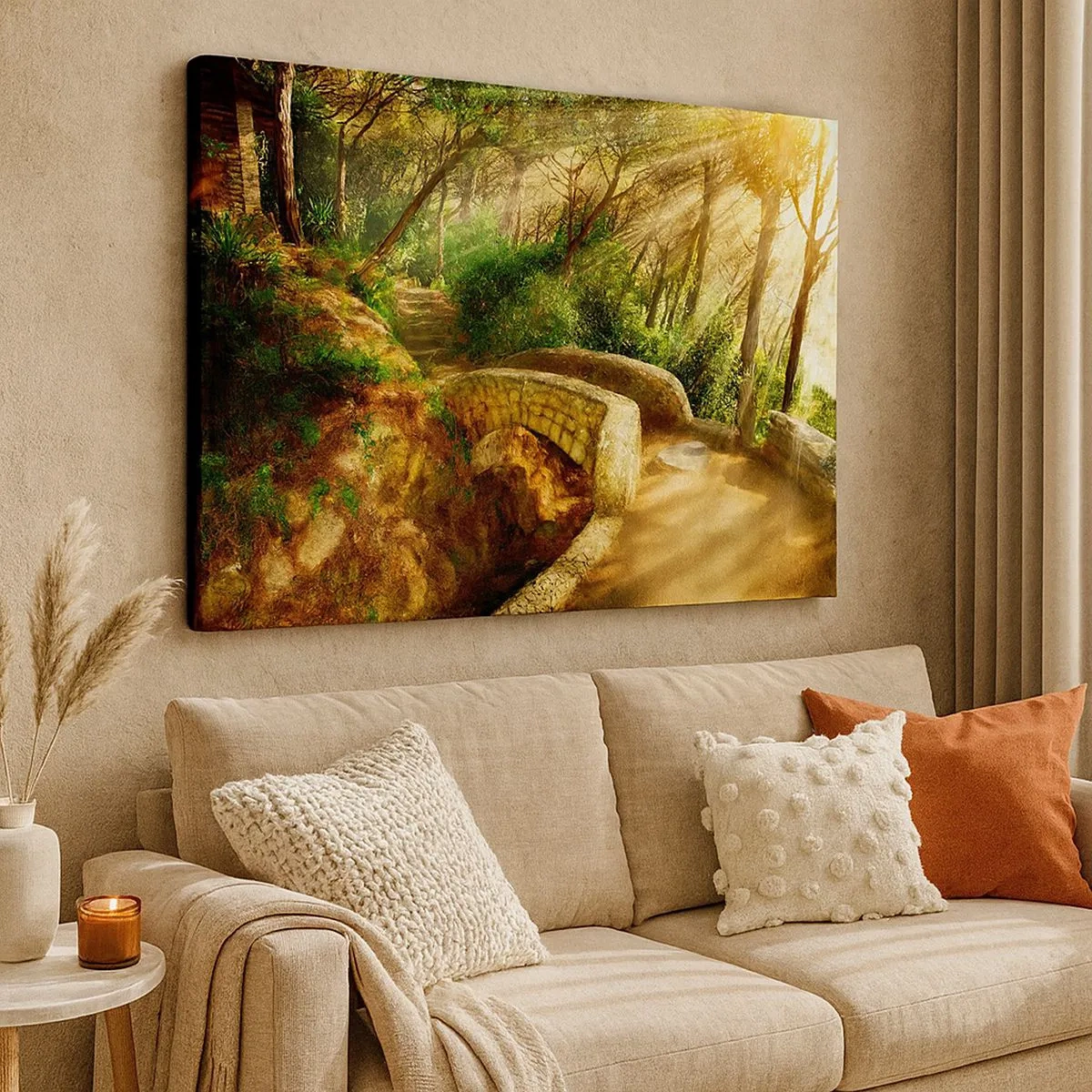 Canvas picture - Forest landscape with sun rays and a stone bridge - 70x50cm - From the Bridge to Enchanted Forest - Modern wall decoration for the living room and bedroom ARTTOR