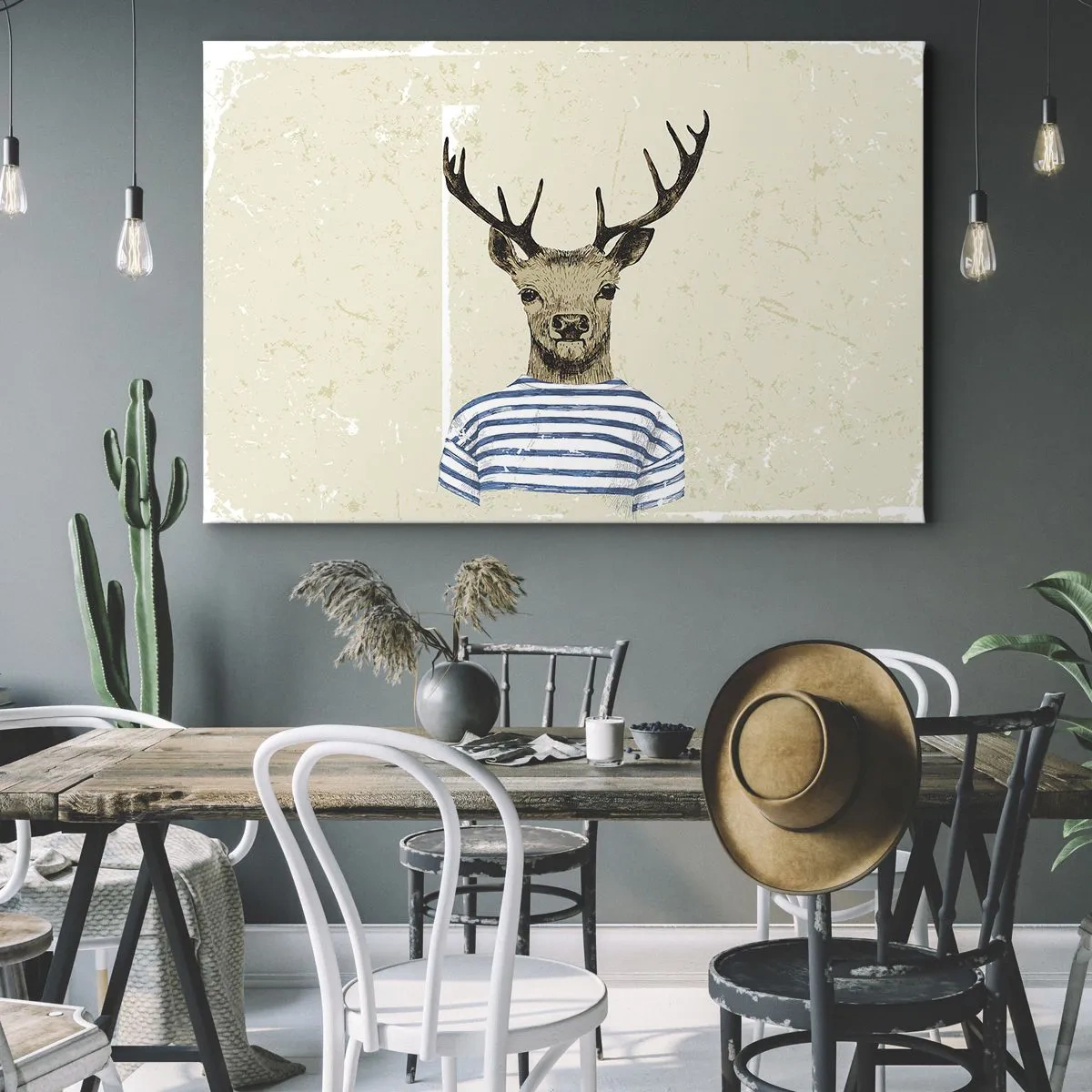 Canvas picture - A deer in a striped shirt on a light background with a delicate texture - 70x50cm - Becaue I Like Striped T-Shirts - Modern wall decoration for the living room and bedroom ARTTOR