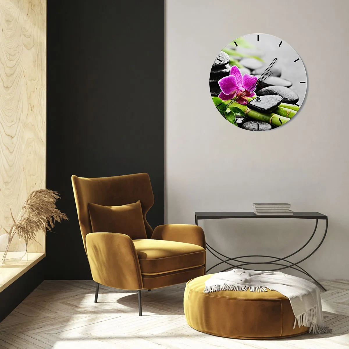 Wall clock - Clock on glass - Purple orchid flower on a background of stones and bamboo - 30x30cm - In a Peaceful Balance - Modern wall decoration for the living room, kitchen, and bedroom ARTTOR