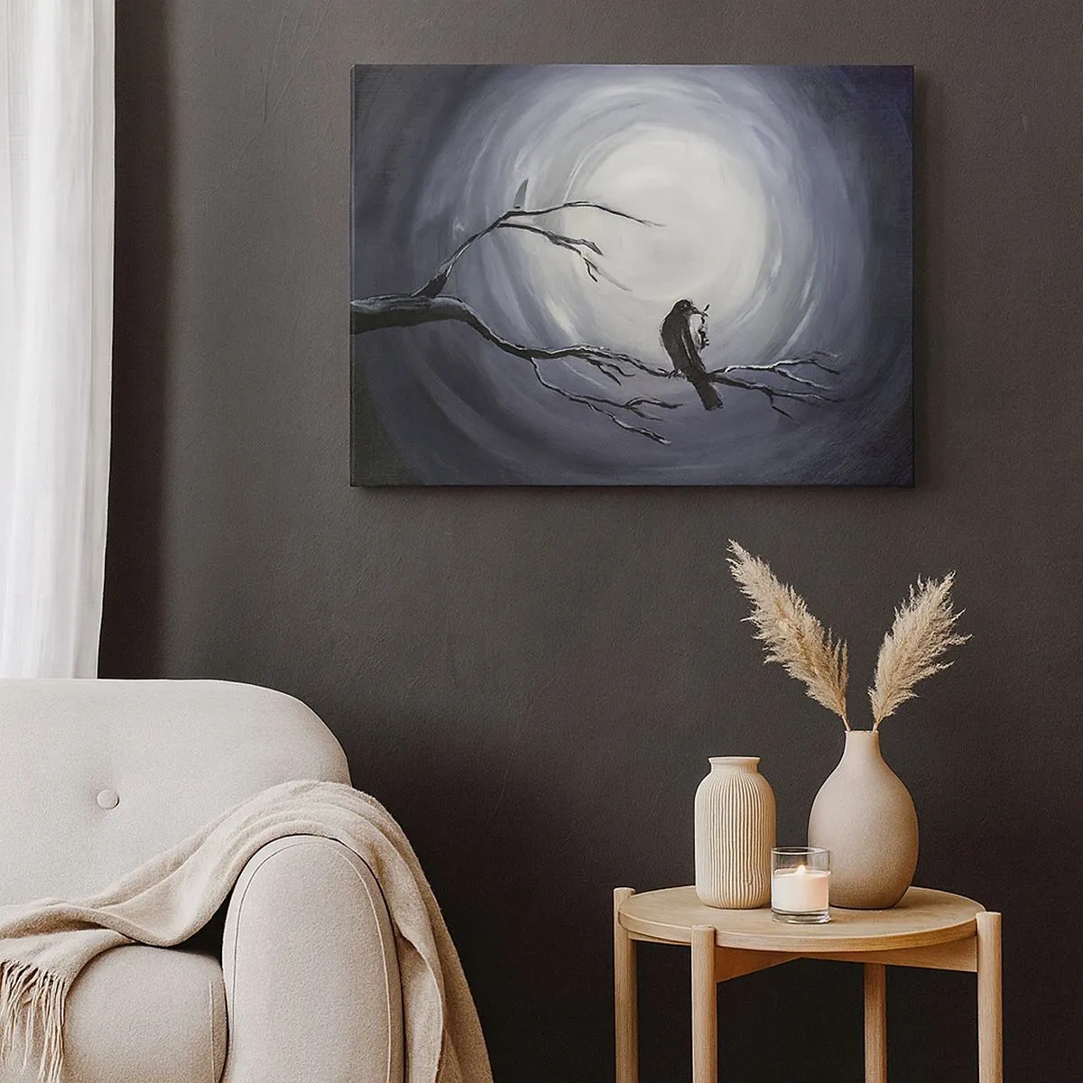 Canvas picture - Black bird on a branch in the moonlight - 70x50cm - Key to the Secret of the Night - Modern wall decoration for the living room and bedroom ARTTOR