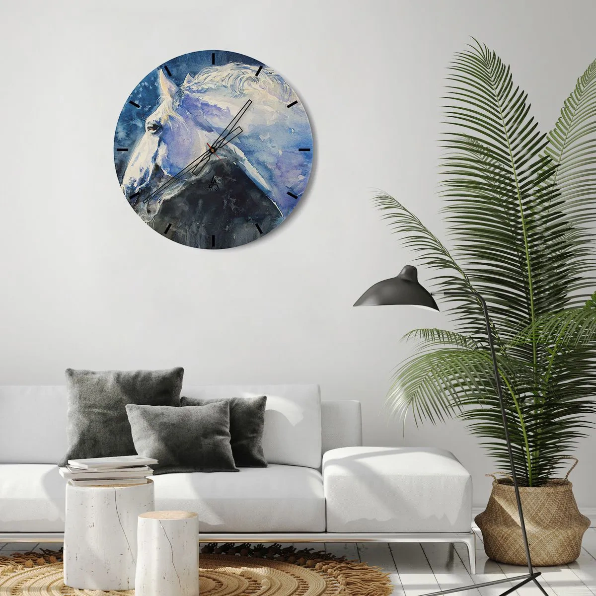 Wall clock - Clock on glass - Artistic portrait of a horse in shades of blue and white - 30x30cm - Portrait in Blue Light - Modern wall decoration for the living room, kitchen, and bedroom ARTTOR