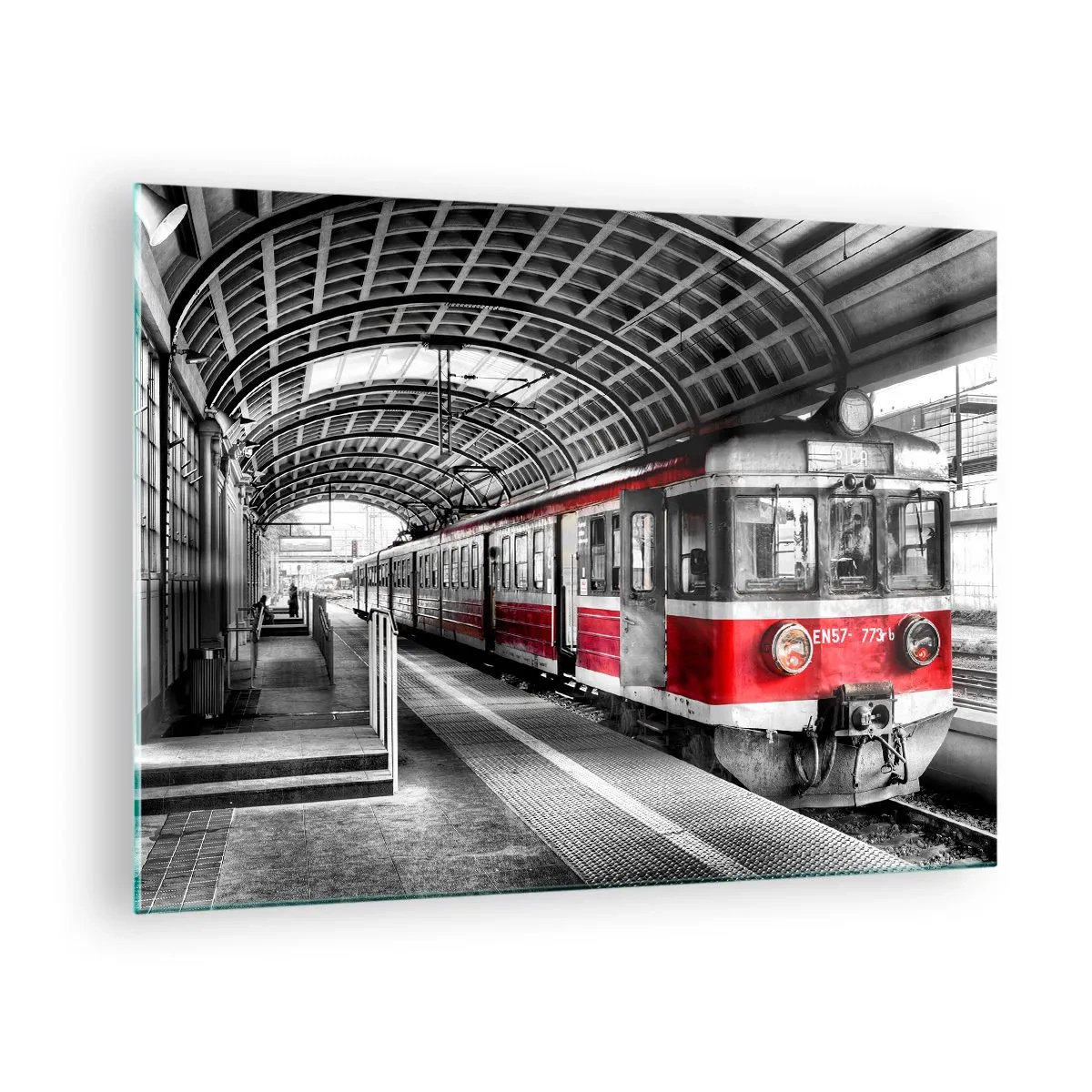 Glass picture - Red train at the station under a roof - 70x50cm - It Might Be a Trip of Life - Modern wall decoration for the living room and bedroom ARTTOR