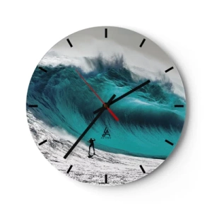 Wall clock - Clock on glass - A surfer in front of a giant turquoise wave - 30x30cm - Challenge Accepted - Modern wall decoration for the living room, kitchen, and bedroom ARTTOR