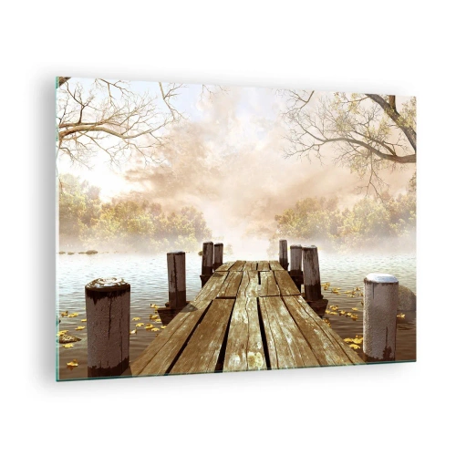 Glass picture - A wooden jetty over a calm lake in the fog - 70x50cm - Gentle Sadness of Autumn - Modern wall decoration for the living room and bedroom ARTTOR