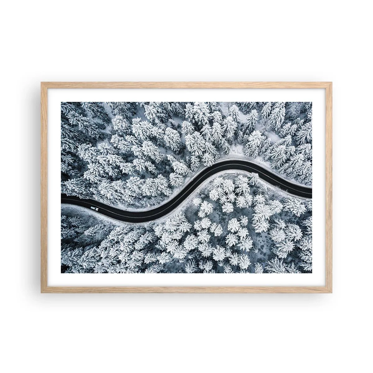 Poster in light oak frame - Through Wintery Forest - 70x50 cm