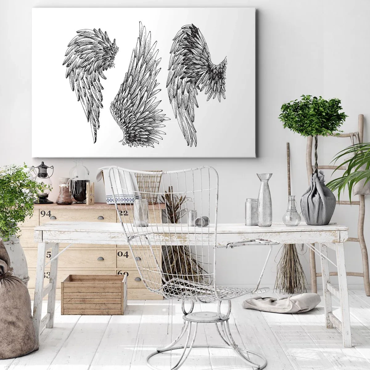 Canvas picture - Three black and white sketches of wings in a minimalist style. - 70x50cm - You Can Be an Angel - Modern wall decoration for the living room and bedroom ARTTOR