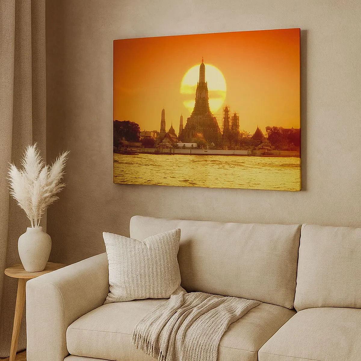 Canvas picture - Sunset over the temple with reflection in the water - 70x50cm - Towards the Sun - Modern wall decoration for the living room and bedroom ARTTOR