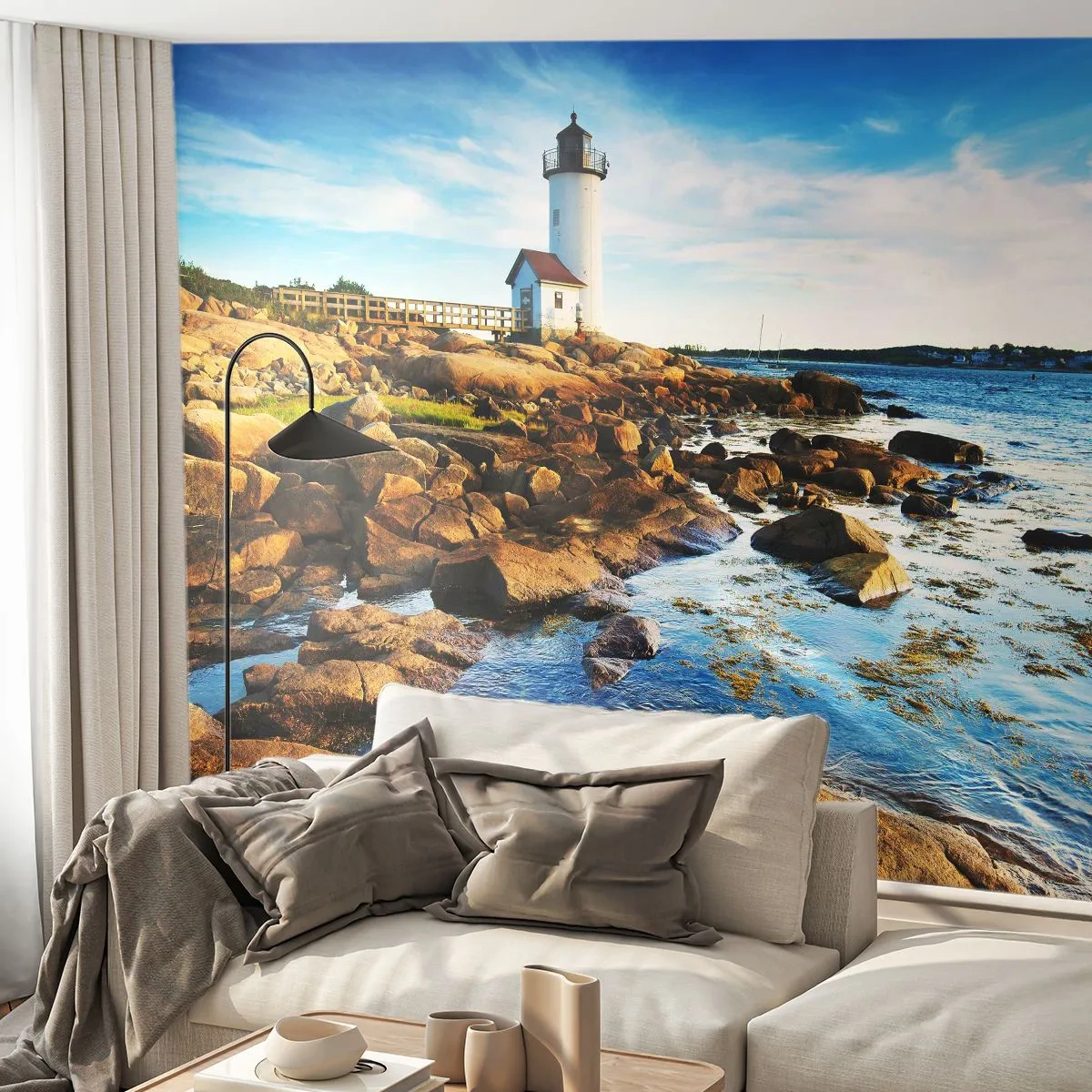 Photo Wallpaper Premium Sand - Be Home Safe, I Am Waiting - Landscape, Lighthouse, Atlantic Ocean - 100x70 cm