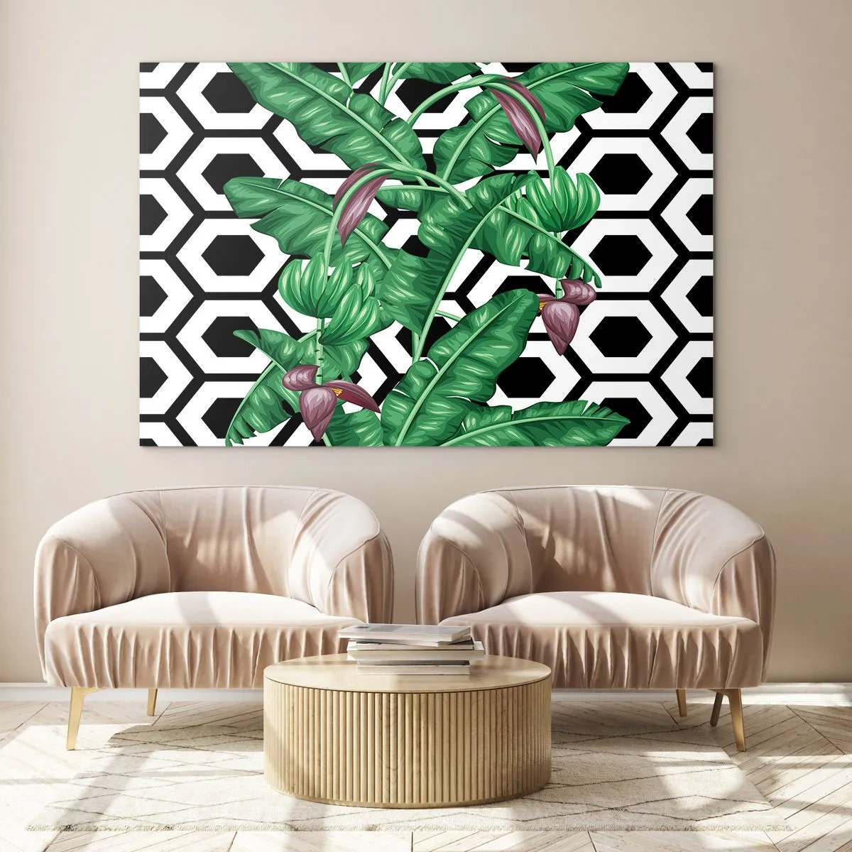 Glass picture - Tropical leaves and flowers against a black and white geometric pattern background - 70x50cm - Symmetrical Composition of Nature - Modern wall decoration for the living room and bedroom ARTTOR