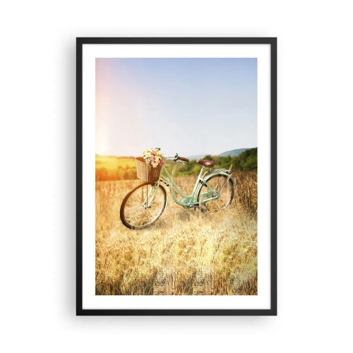 Poster in black frame - A bicycle with a basket full of flowers in a meadow - 50x70cm - I will Stay Here for a While - Modern wall decoration for the living room and bedroom ARTTOR