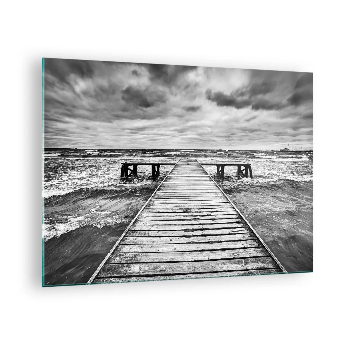 Glass picture - A black and white jetty amidst rough waves - 70x50cm - Waiting for the Wind to Blow away - Modern wall decoration for the living room and bedroom ARTTOR
