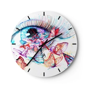 Wall clock - Clock on glass - Colorful butterflies surround the eye in an artistic style - 30x30cm - Fairytale Charm of the Eyes - Modern wall decoration for the living room, kitchen, and bedroom ARTTOR