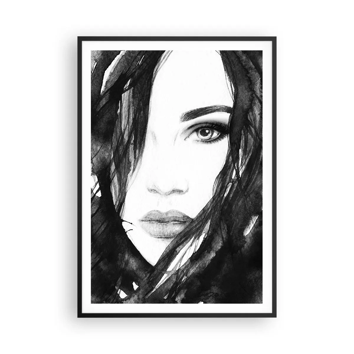Poster in black frame - Portriat of a Lady in  Black and White - 70x100 cm
