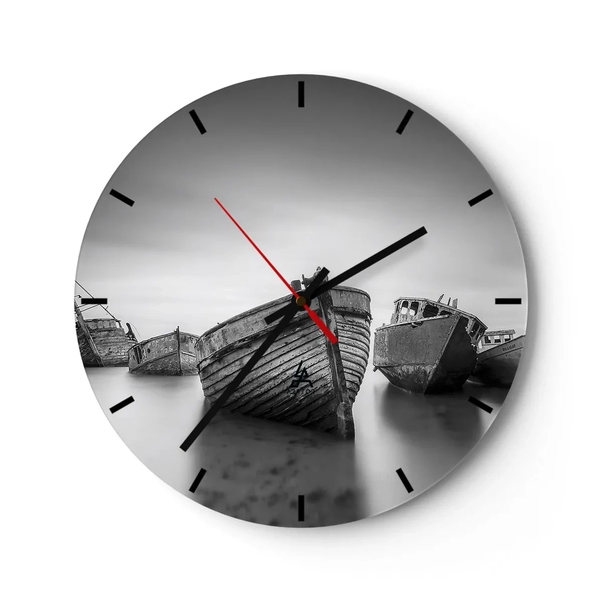Wall clock - Clock on glass - Old fishing boats stranded on the shore in black and white - 30x30cm - Now Only a Memory - Modern wall decoration for the living room, kitchen, and bedroom ARTTOR