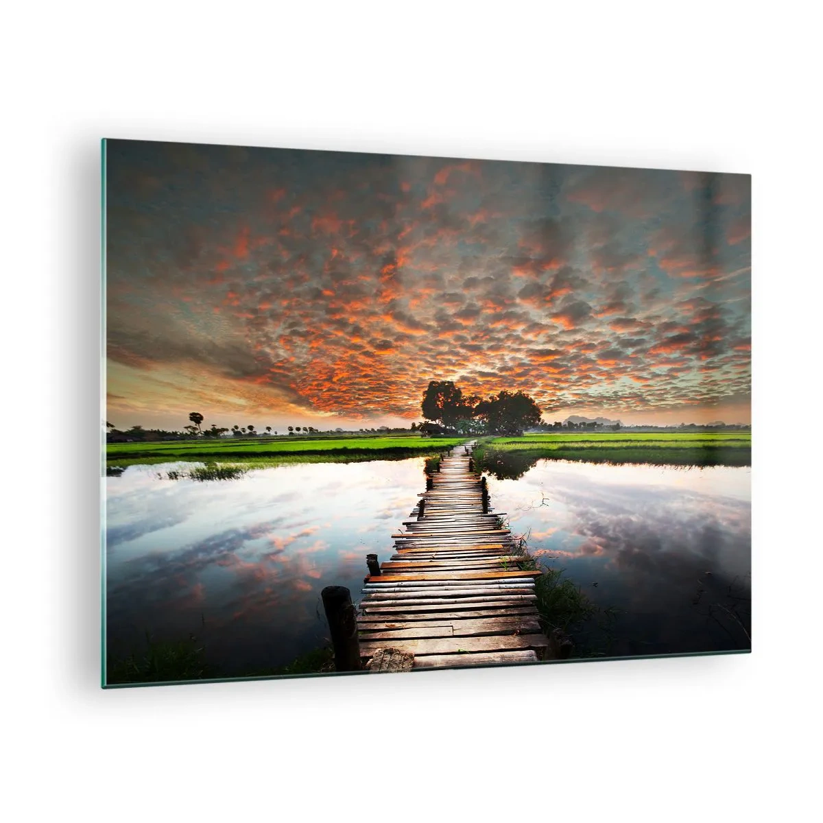 Glass picture - Wooden bridge over the river at sunset - 70x50cm - Spread Your Arms and Breathe - Modern wall decoration for the living room and bedroom ARTTOR