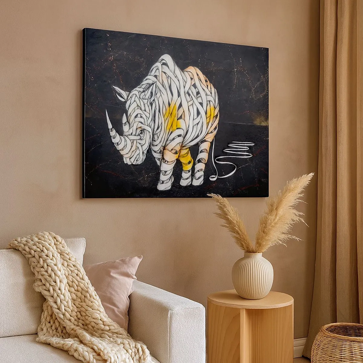 Canvas picture - A carved rhinoceros with abstract stripes on a dark background. - 70x50cm - Thick Skin Is a Myth - Modern wall decoration for the living room and bedroom ARTTOR