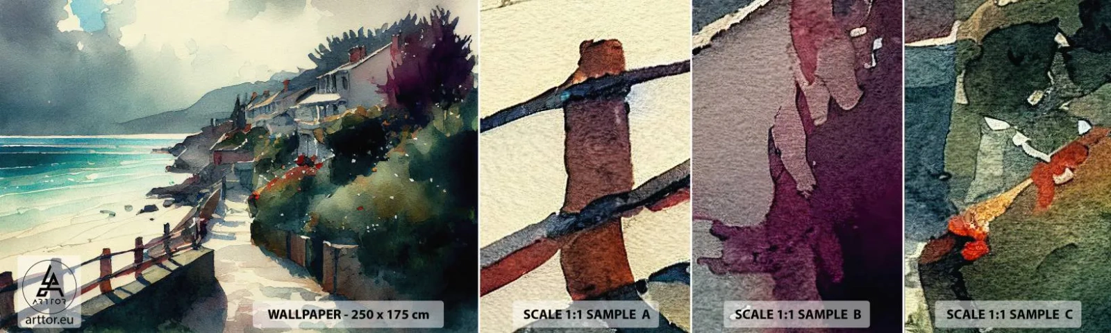 Photo Wallpaper Sample Standard Eco - Mediterranean Town - Houses, Landscape, Beach - 100x30 cm