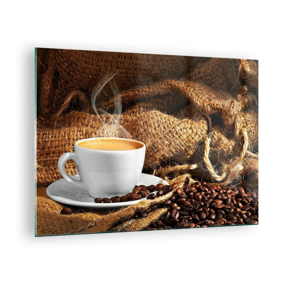 Glass picture - A cup of coffee with beans on a jute background - 70x50cm - Smell of a Mocha and Density of a Honey Drink - Modern wall decoration for the living room and bedroom ARTTOR