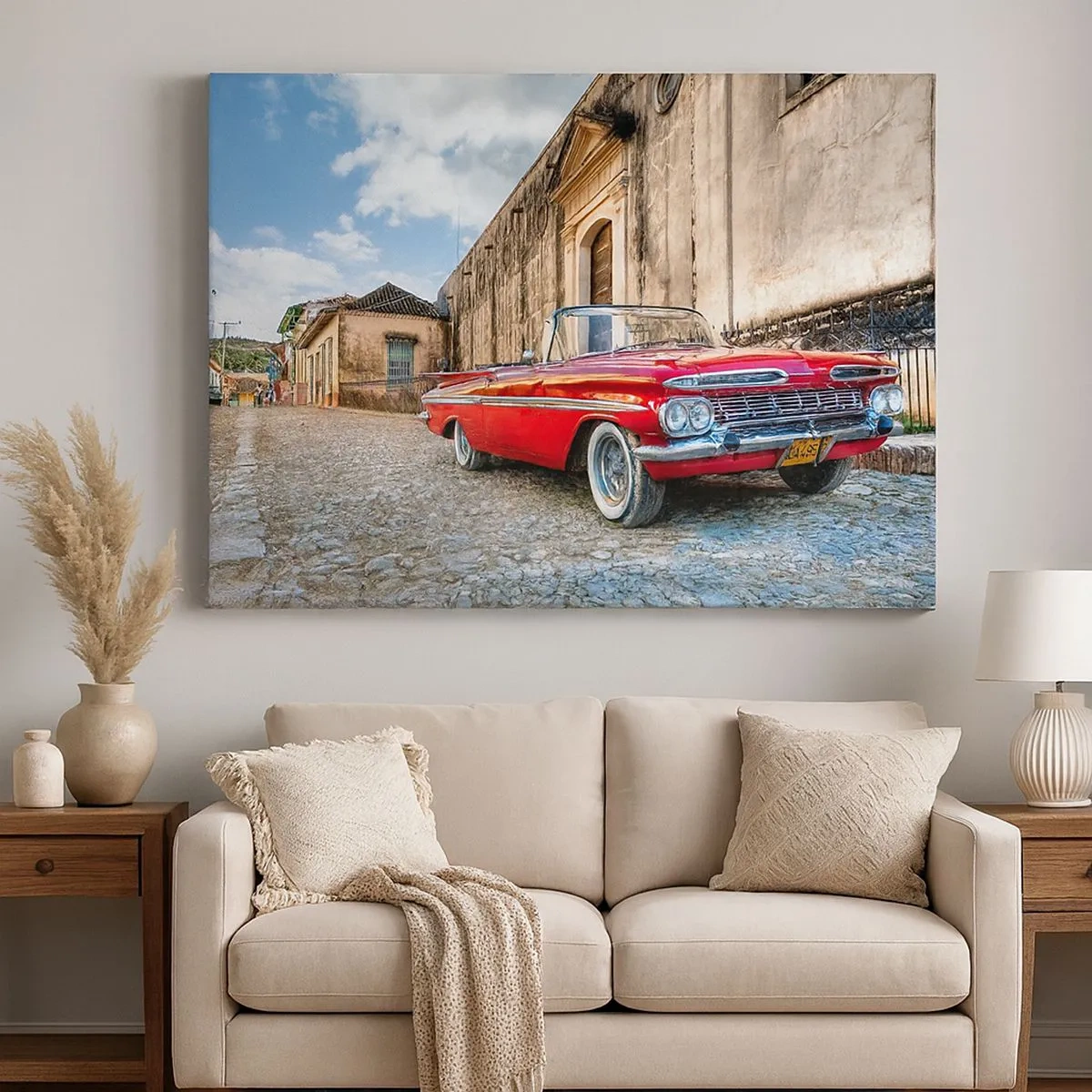 Canvas picture - Red classic car on a cobblestone street - 70x50cm - Cuban Style - Modern wall decoration for the living room and bedroom ARTTOR
