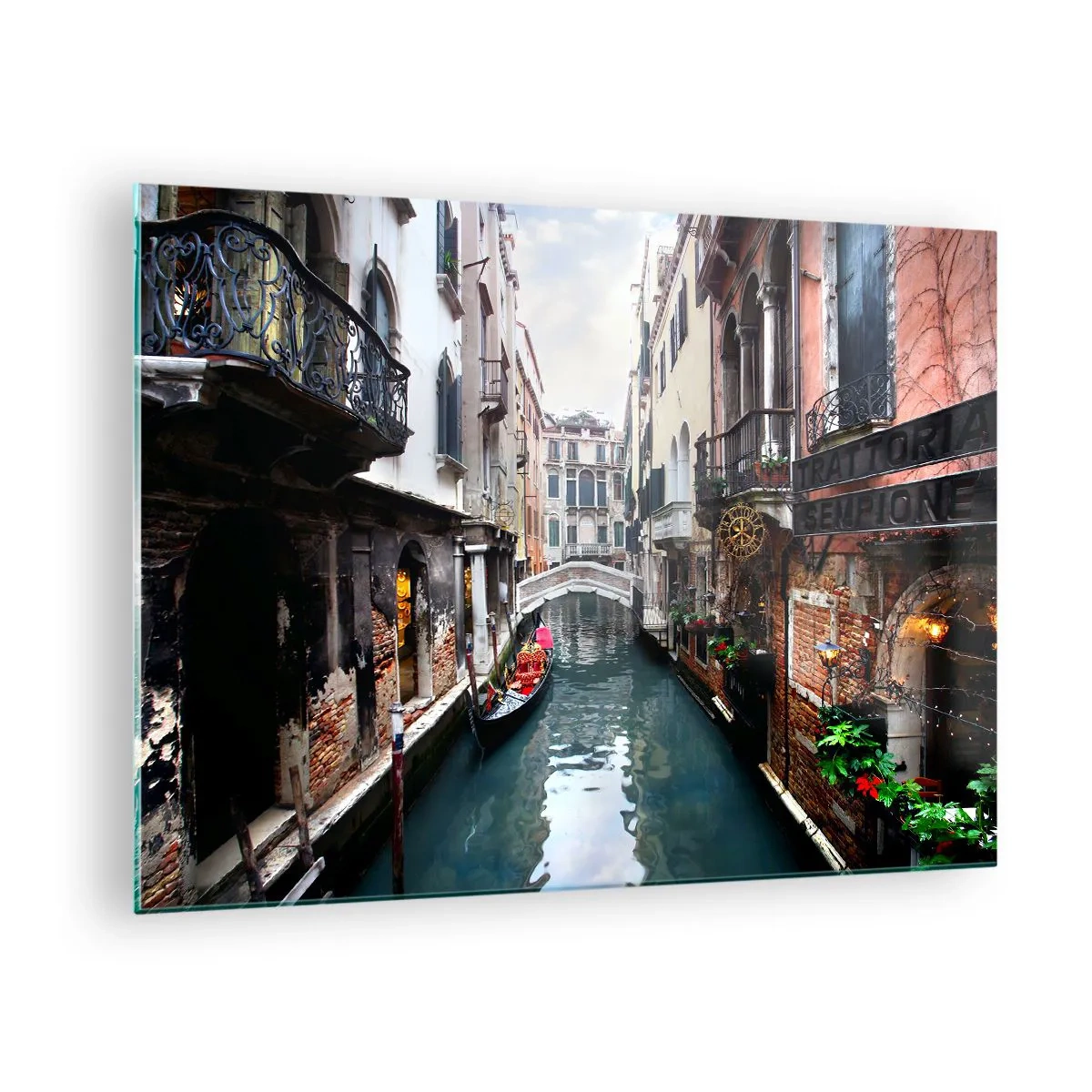 Glass picture - A Venetian canal with a gondola surrounded by historic buildings - 70x50cm - Venetian View with a Gondola and a Bridge - Modern wall decoration for the living room and bedroom ARTTOR