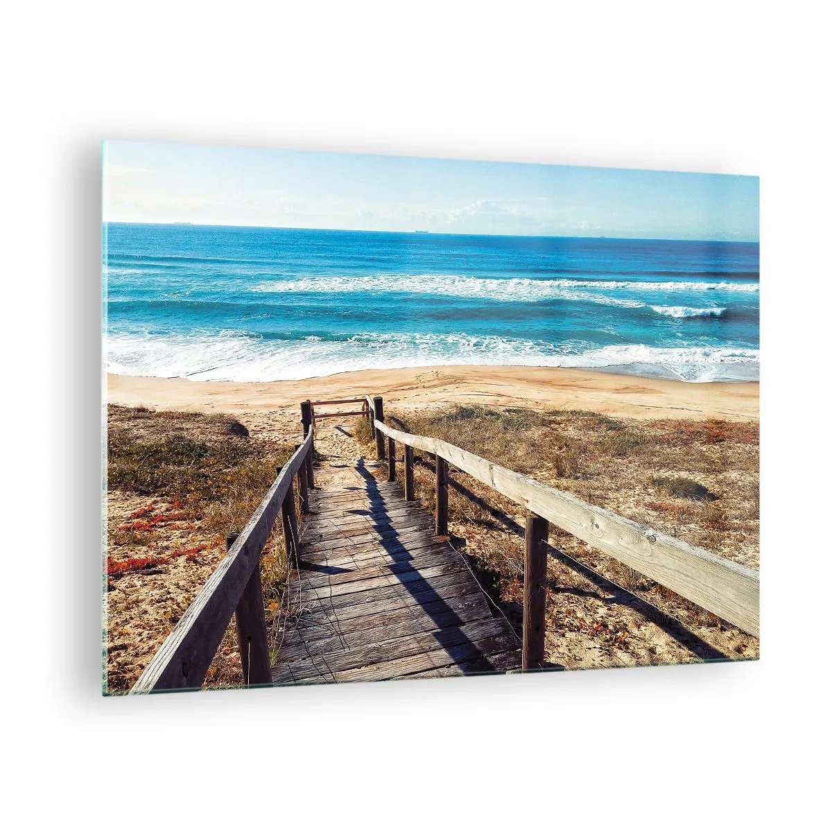 Glass picture - Wooden path leading to the beach with ocean views - 70x50cm - Run! - Modern wall decoration for the living room and bedroom ARTTOR