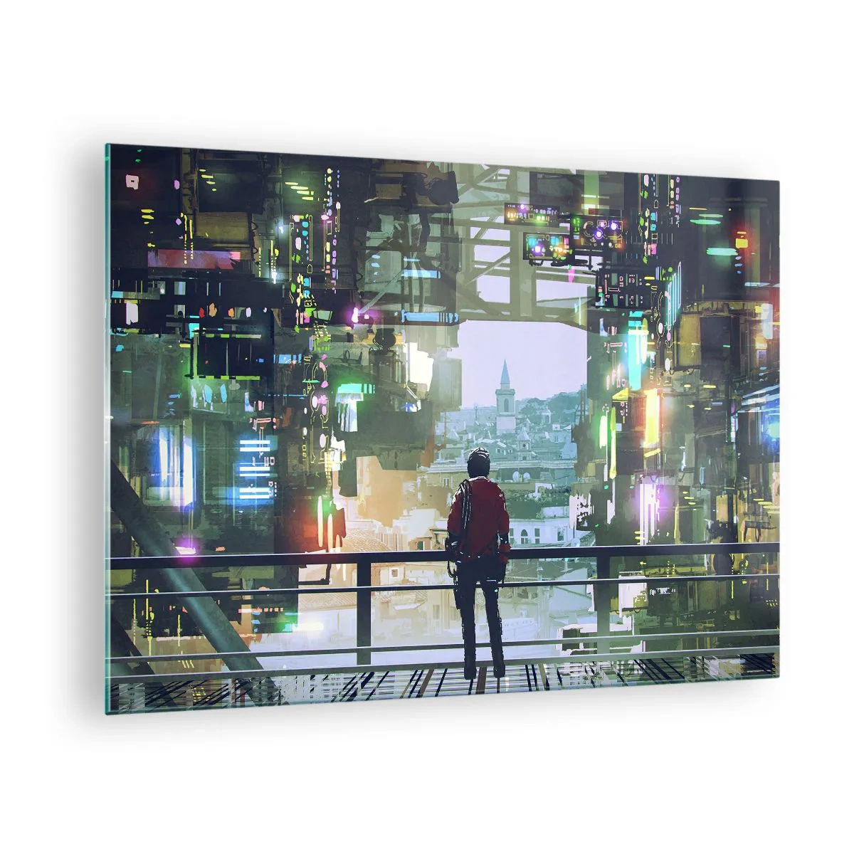Glass picture - A figure against the background of a futuristic city with a view of the old town - 70x50cm - Two Worlds - Modern wall decoration for the living room and bedroom ARTTOR